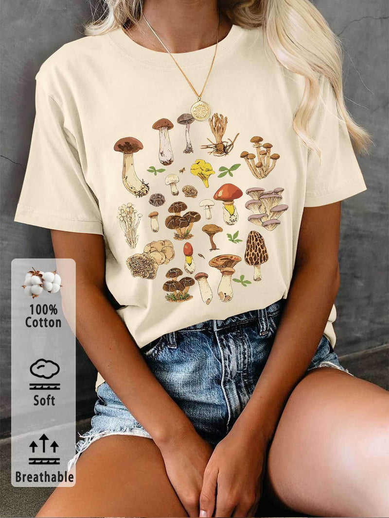 Women’s T-Shirt with Mushroom And Leaf Prints.