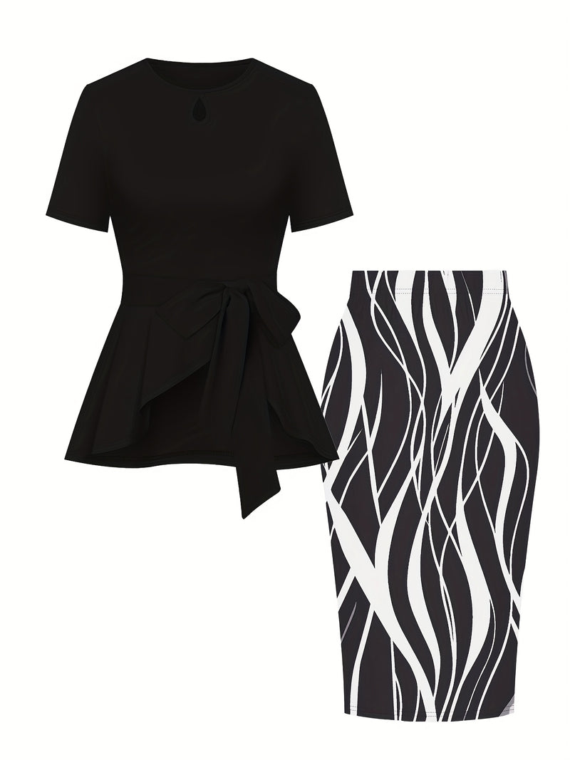 Women's elegant suit solid color round neck short sleeve tie bow top.