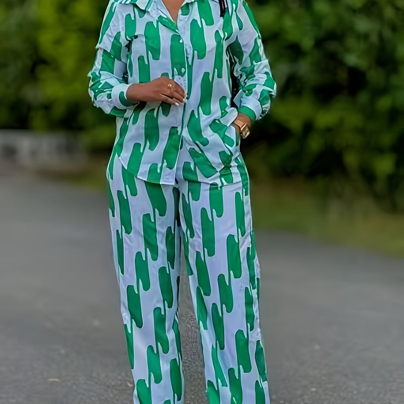 Women's Spring Summer Autumn Casual Button Long Sleeve Shirt Wide Leg Pants.