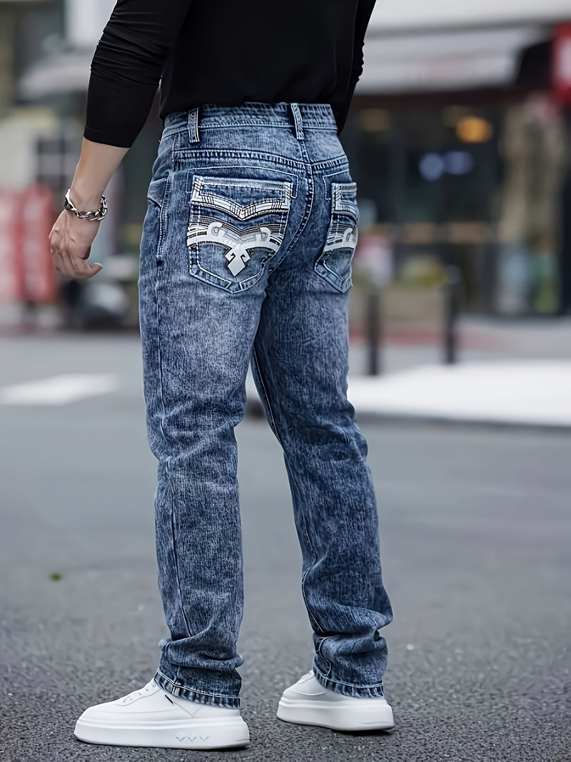 Men's Fashion Embroidered Back Pocket Stretch Straight-Leg Pants.