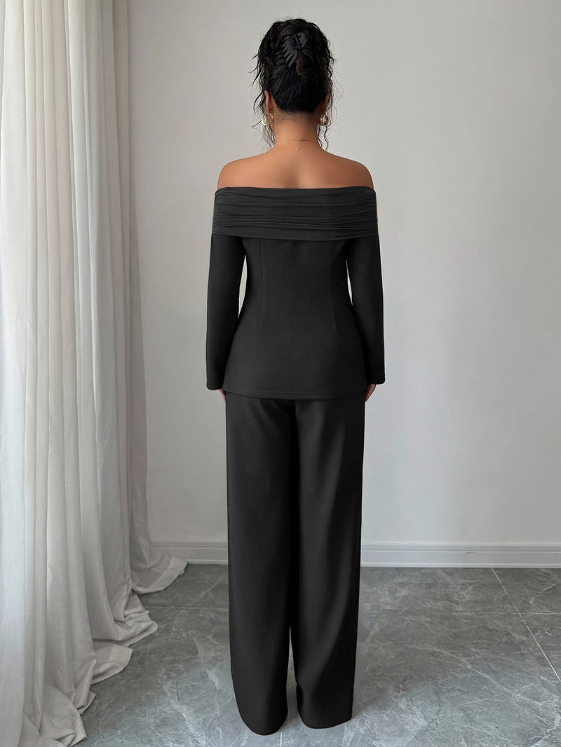 Women's Elegant Versatile Off-Shoulder Top with Mesh Panel Slim Fit Waist Zipper.