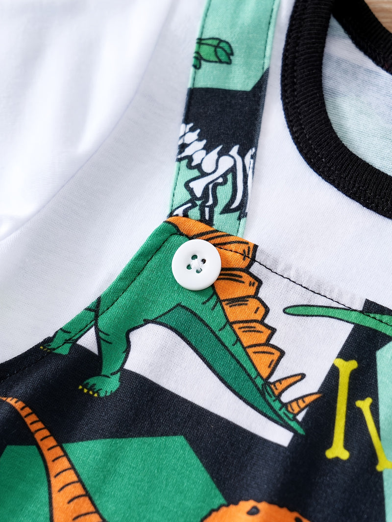 Summer Baby Romper with Cartoon Dinosaur Print And Faux Two-Piece.