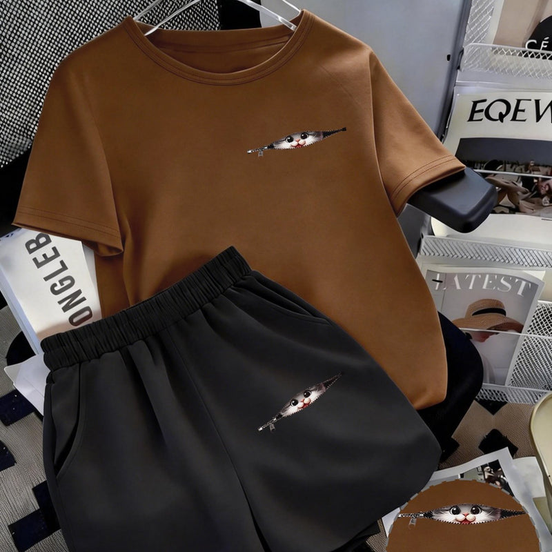 Women's Trendy Casual Sports Short-Sleeve Top And Shorts Set.