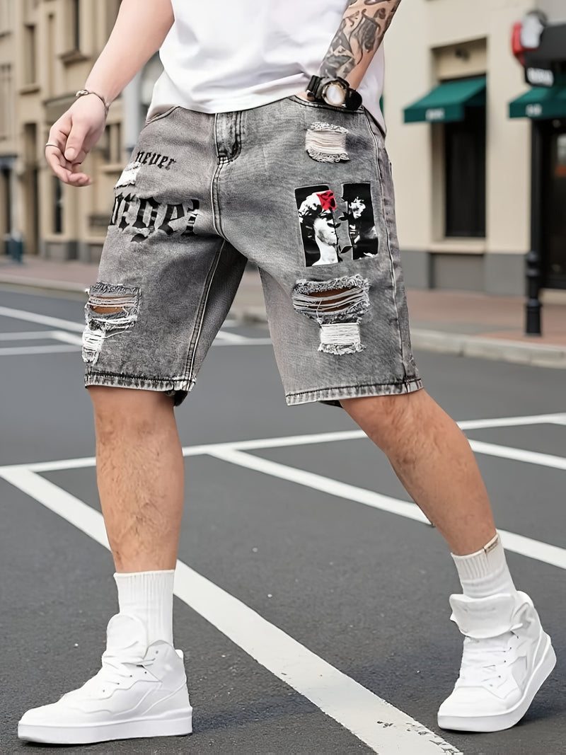 Men's Denim Shorts, Light Blue, Perforated Design, Printed, Loose Fit, Non Stretchy.