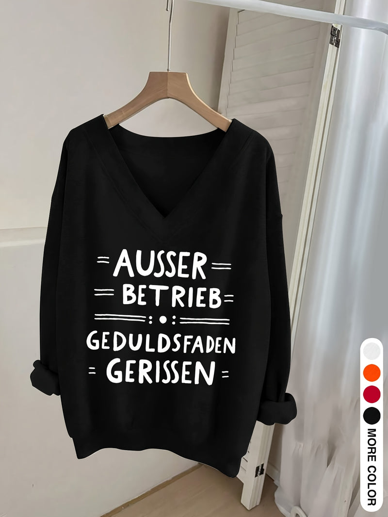 Women's Pink V-Neck Long Sleeve Sweater with German Letter Print.