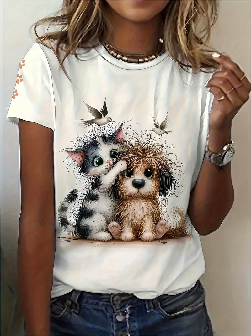 Women's Cute Pet Lover T-Shirt - Dog & Print Short Sleeve Crew Neck Top.