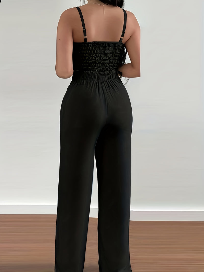 2-piece Women's Set with Thin Strap Stretch Camisole and Wide-leg Pants.