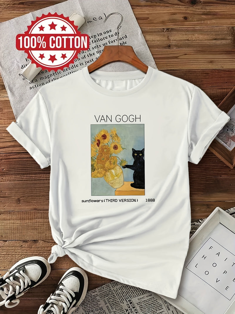 Women's Van Gogh Sunflowers & Black Cat Art Print T-Shirt.