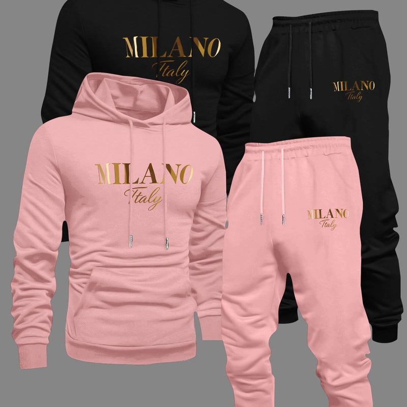 Men's Fashion Slogan Hoodie Four-Piece Set with Drawstring Elastic.