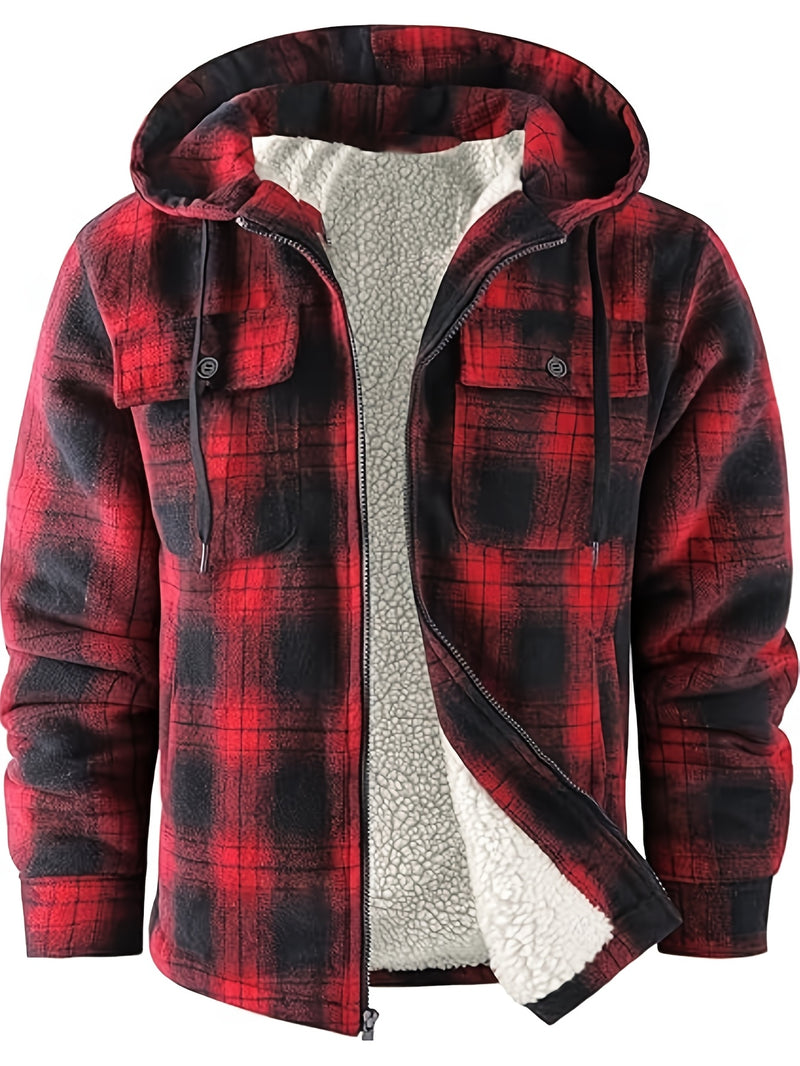 Men's Warm Jacket with Sherpa Lining, Plaid Hooded Zip-Up Winter Coat.