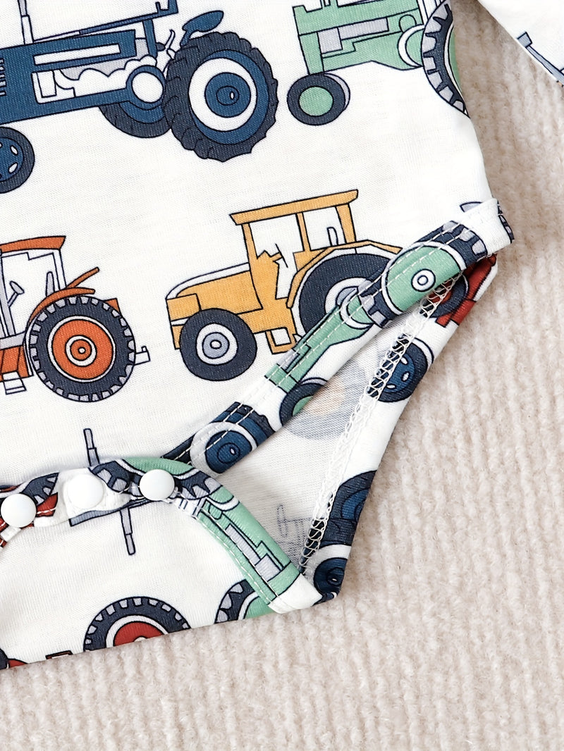 Boys' Cute Cartoon Tractor All-Over Print Romper and Comfortable Pants.