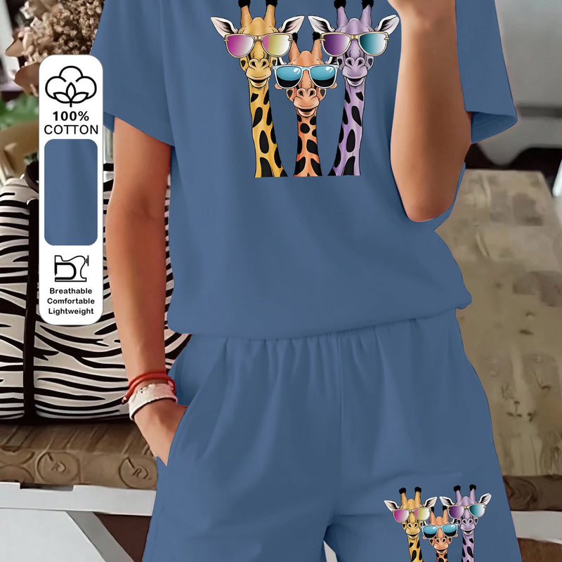 Women's Three-piece Fashionable Giraffe Print Short-sleeve Top and Shorts.