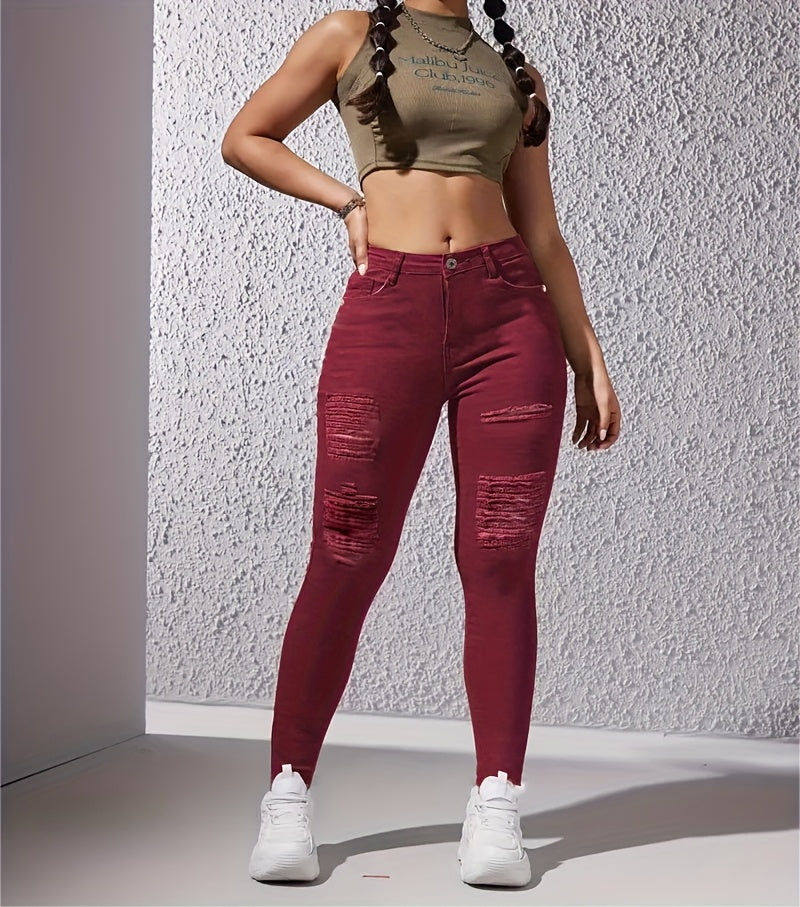 Women's Ripped Skinny Pants, Elastic Slim-fit.