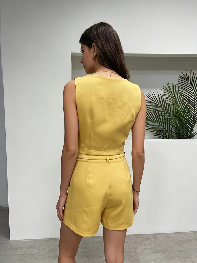 A Solid Color V-Neck Tank Top And Shorts Set for Women.