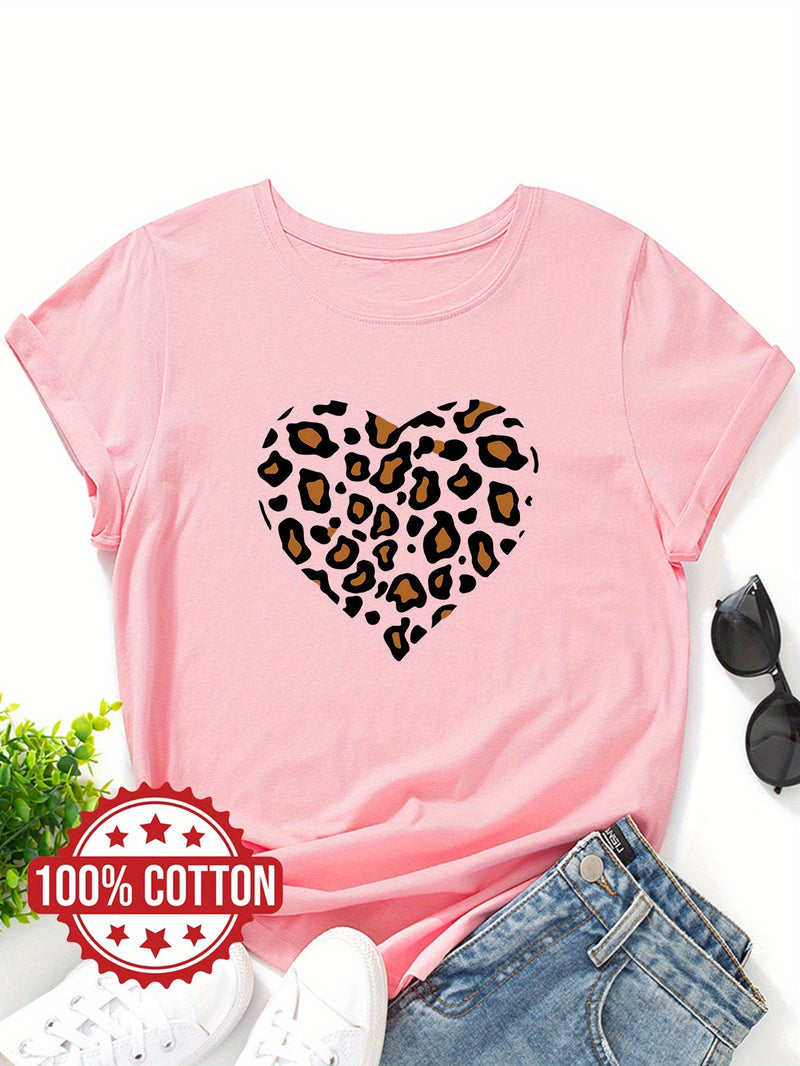 Women's "Leopard-print Heart" Graphic Print T-Shirt.