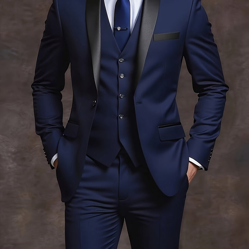 Men's 3pcs Suit with Notch Lapel, Business Formal Set, Includes Jacket.