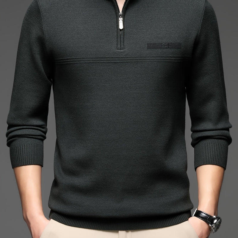 Men's Solid Color Simple Zip-Up High-Neck Long-Sleeve.