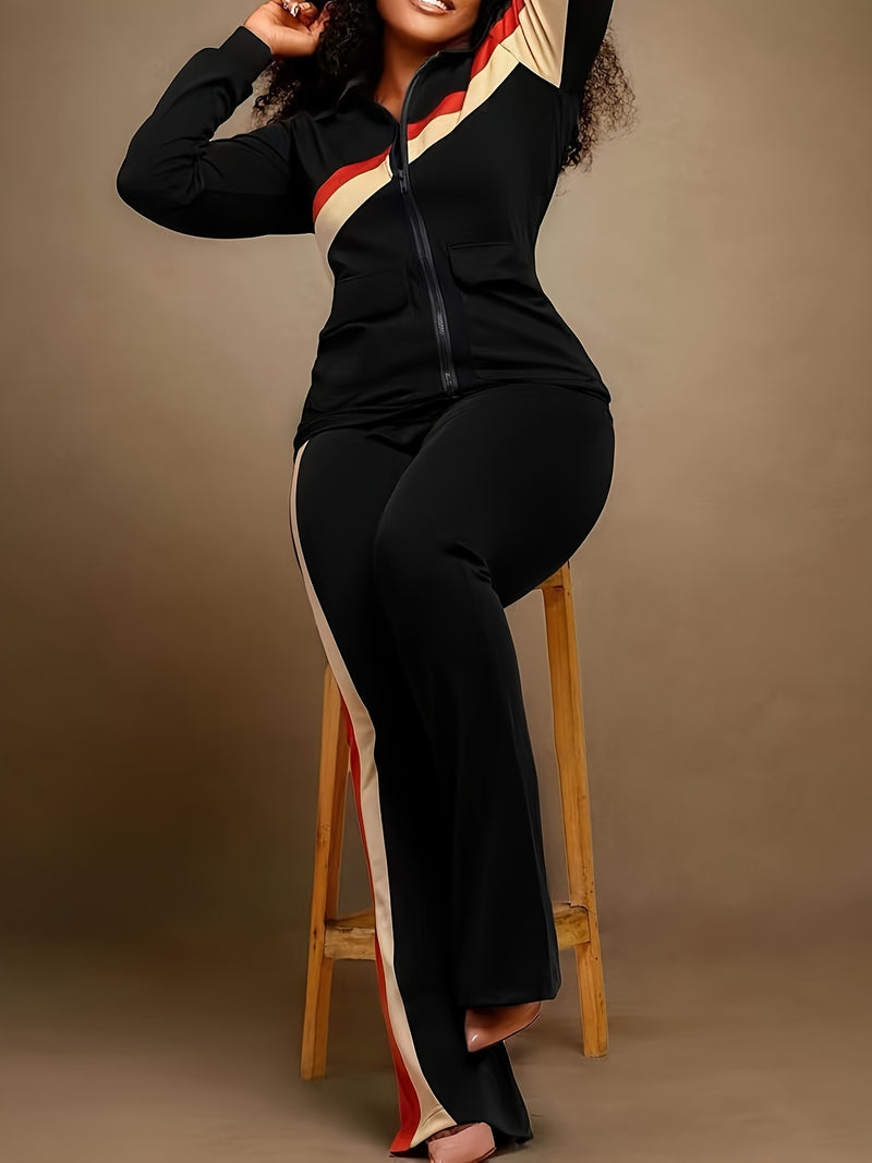 Women's Color-Blocked with Pockets, Stylish And Casual Two-Piece Set.