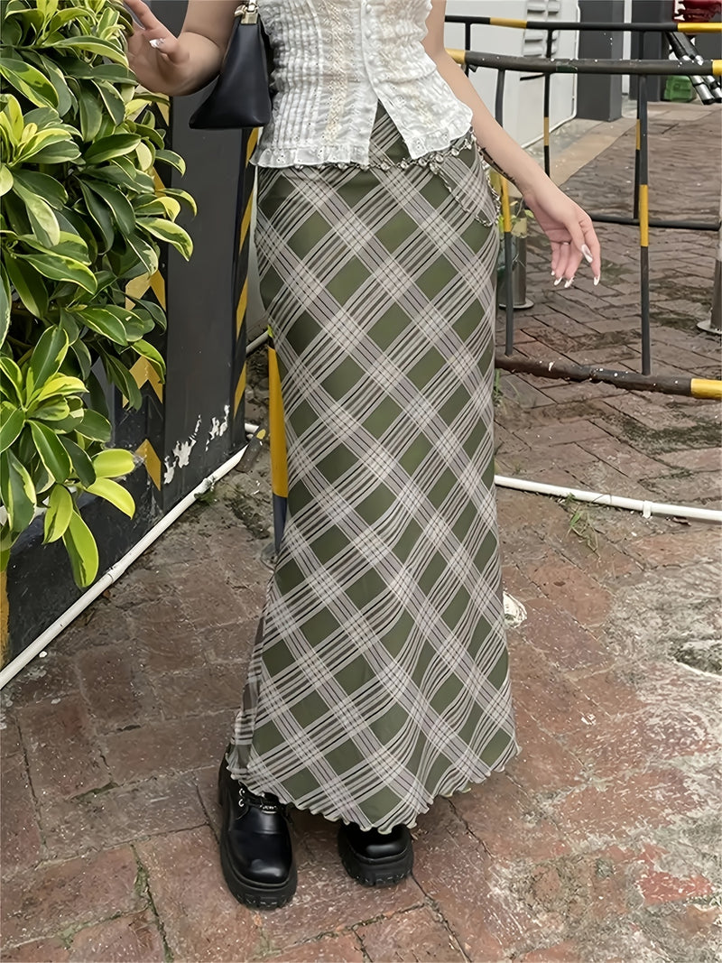 Women's Spring/Summer Floral Ruffle Hem Midi Skirt with Plaid Print.