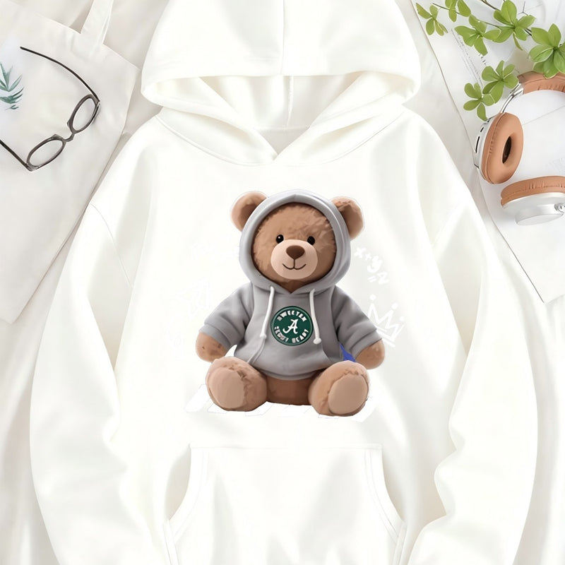 Cute Bear Printed Hoodie | Women'S Long Sleeve Hooded Sweatshirt.