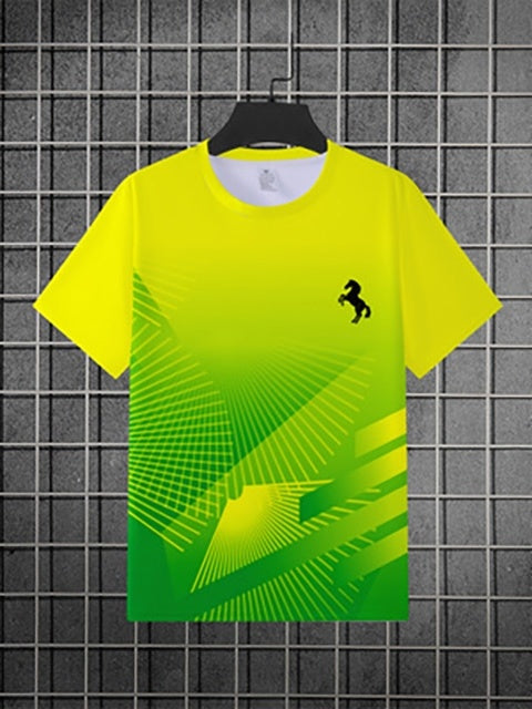 Men's 3D Gradient Yellow-blue Sweat Horse Print Short-sleeve T-shirt.