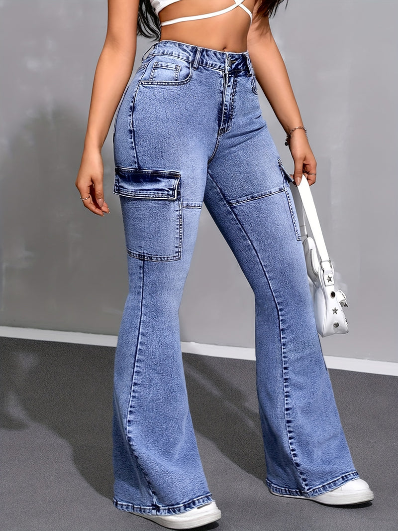 Women’s Stylish Versatile Blue High-Waisted Stretch Slim-Fit Flared Jeans.