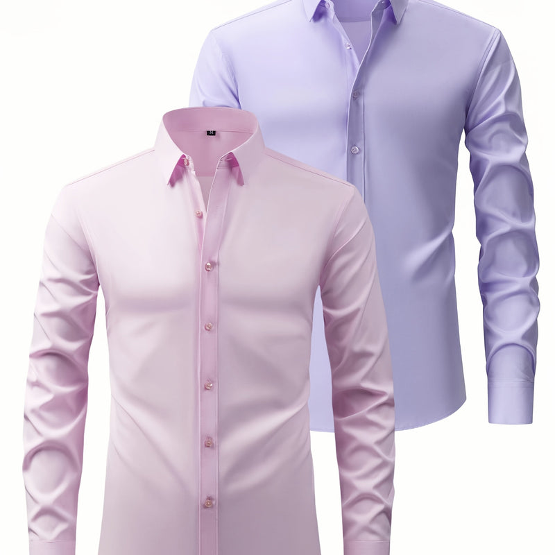 Two-Piece Set of Men's Solid Color Elastic Shirts.