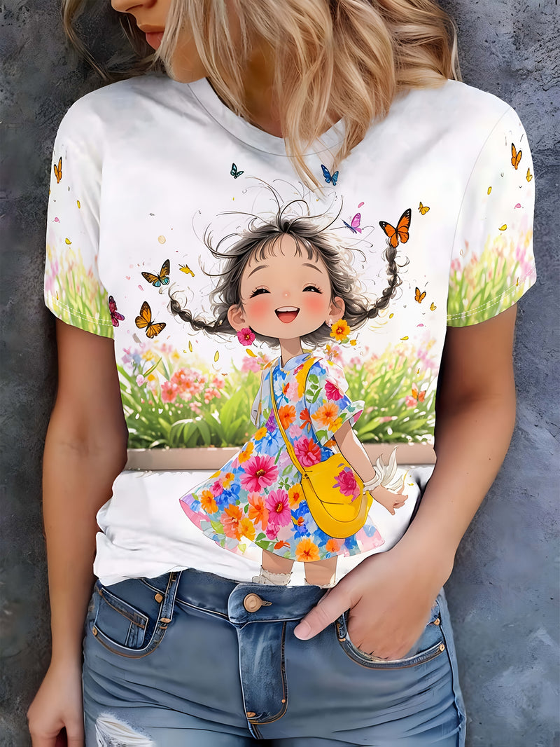 Women's Elegant Cartoon Print T-Shirt.
