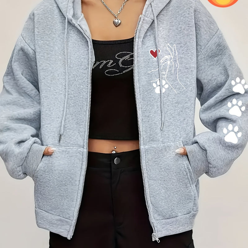 Women's Casual Zip-Up Hoodie with Printed Bear Paw Sleeve Design.
