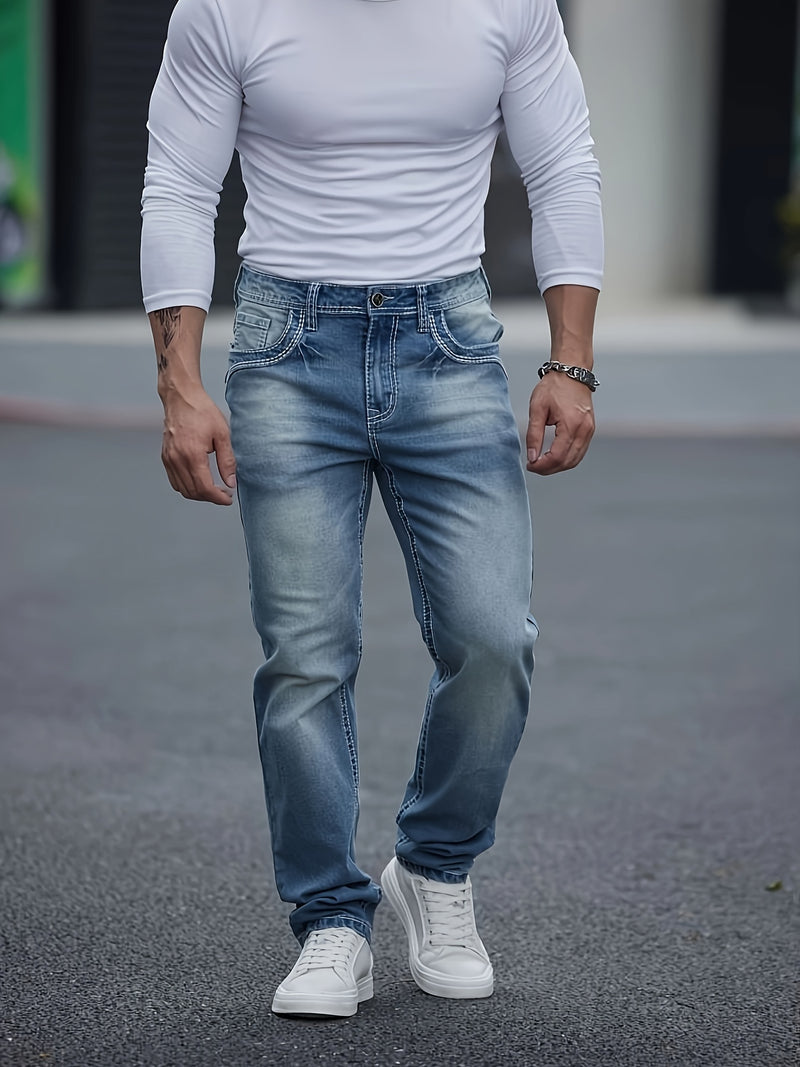 Men's Classic Embroidered Stretch Denim Jeans with Thick Lines.
