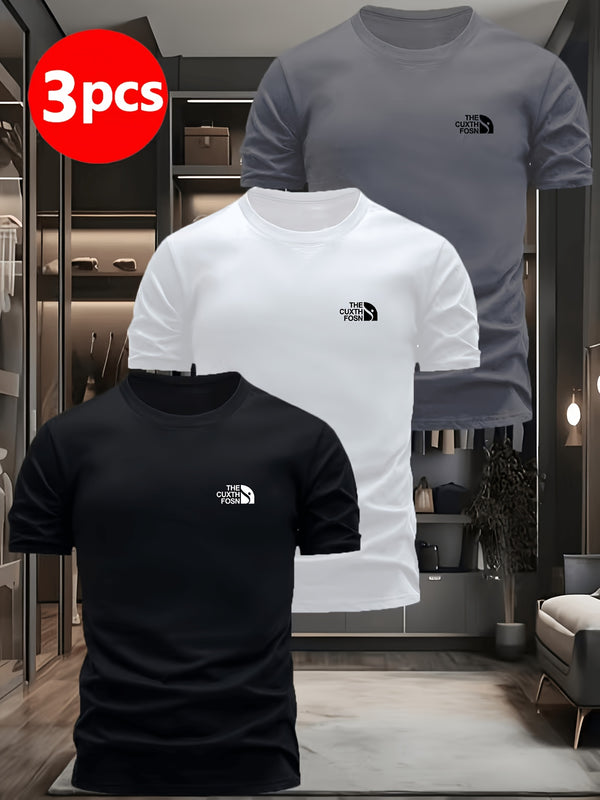 3pcs Men's Printed T-Shirts - Soft, Breathable Polyester Crew Neck Tees.
