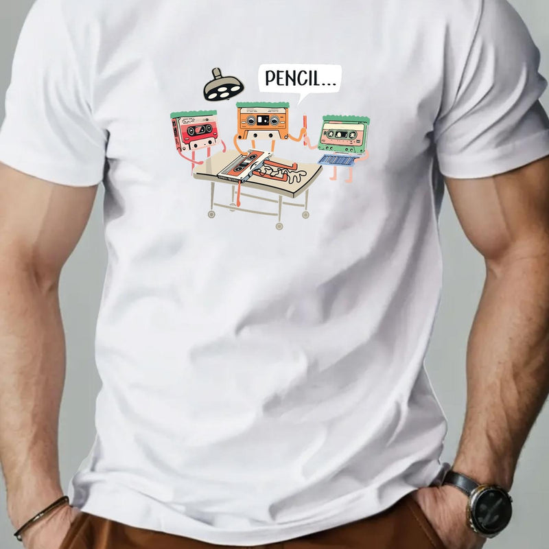 Men's Summer Casual Crew Neck Short Sleeve T-Shirt with Tape Pattern.