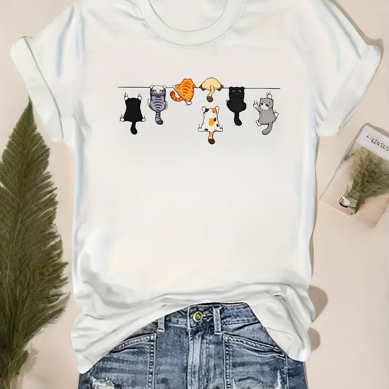 Trendy Women's Short-Sleeve T-Shirt with Adorable Cat Print.