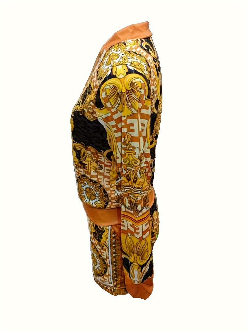 Women’s Floral Print Elegant Shorts Set, Long Sleeve V-neck Zip Up Jacket.