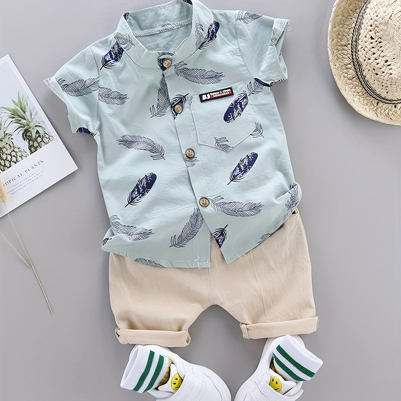 Youngsters Summer Feather Print Short Sleeve Shirt & Shorts Set.