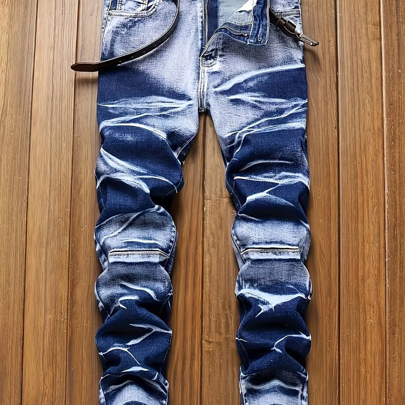 Men's Streetwear Brand Motorcycle Jeans with a Unique Wrinkled Design.