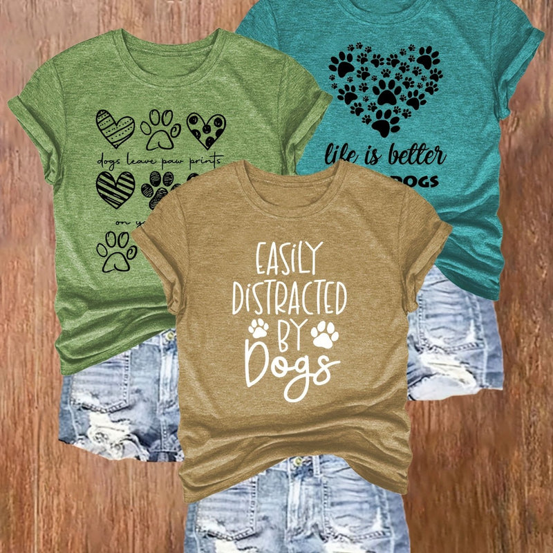 3pcs Women's Casual Dog Lover Graphic T-Shirts.