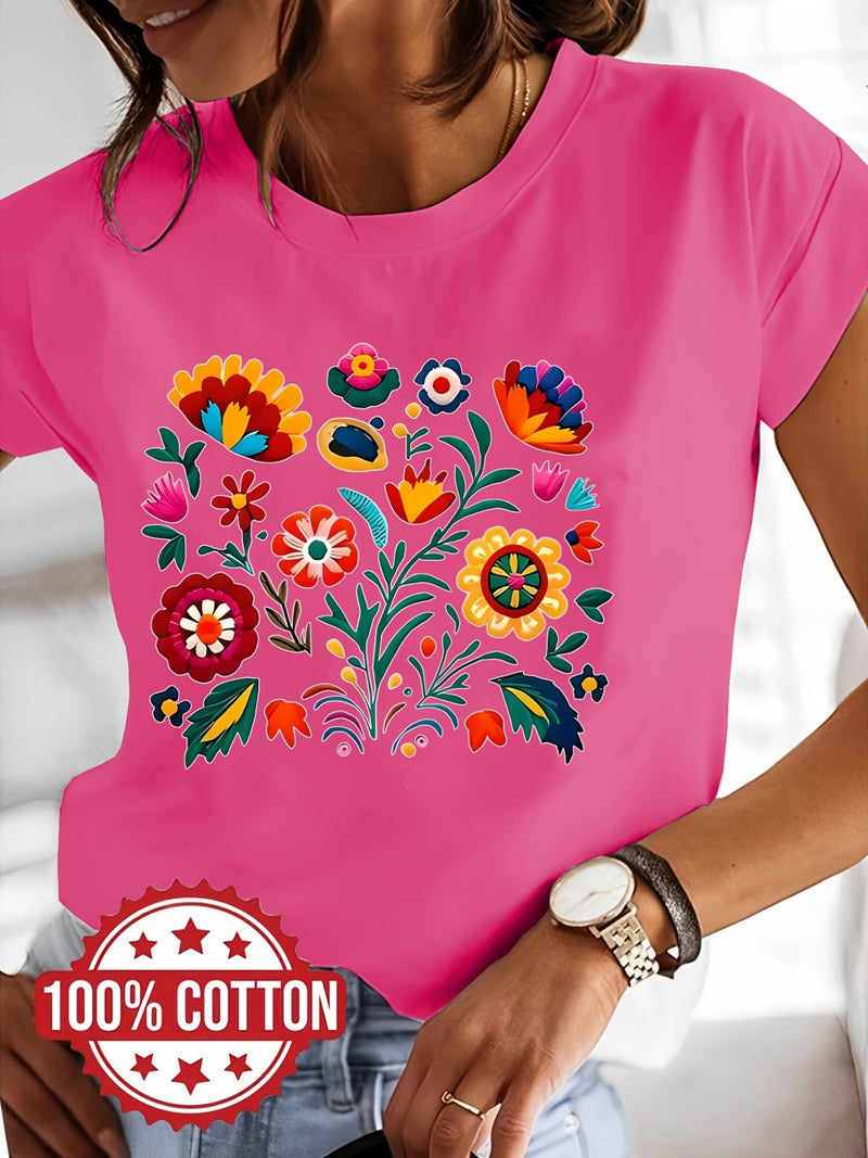 Women’s Casual Short-Sleeve T-Shirt with a Floral Graphic Print.