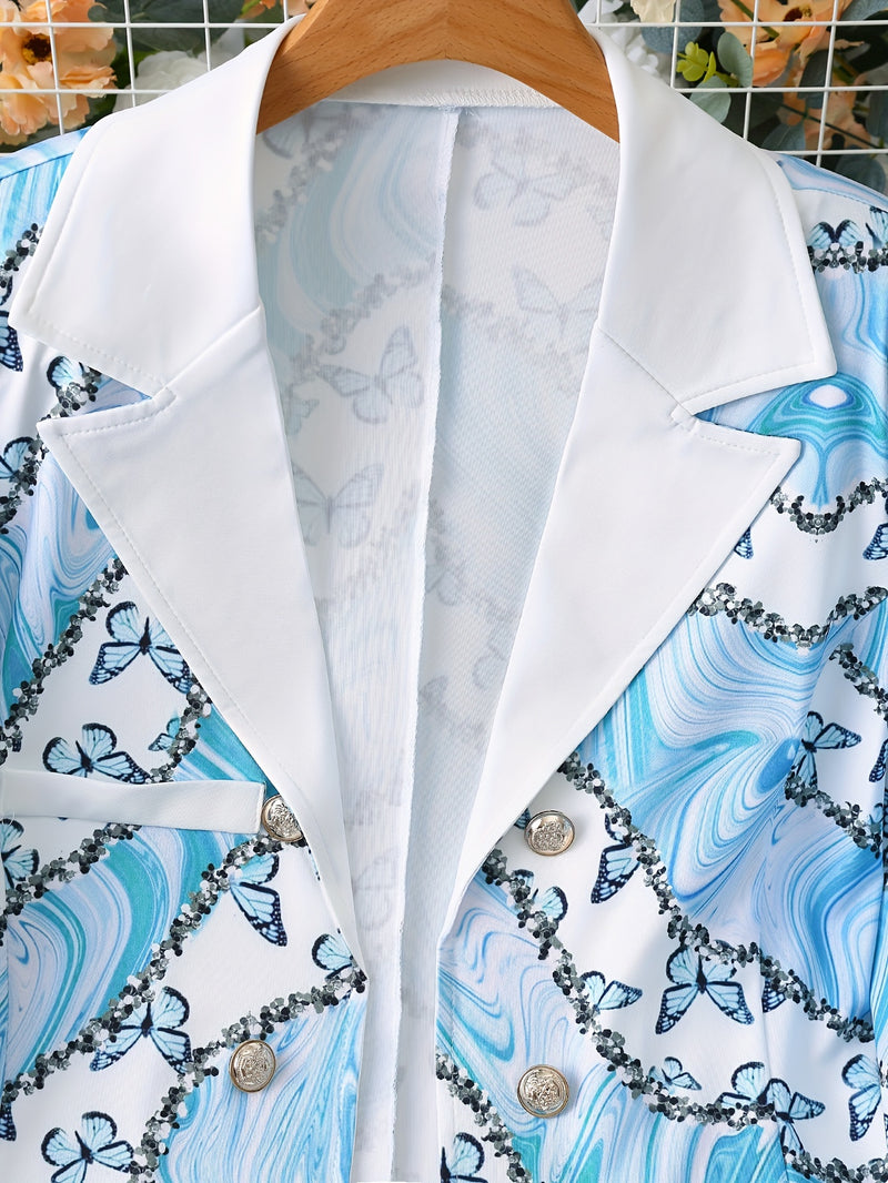 2pcs Women’s Long Sleeve Lapel Neck Double-breasted Blazer & Solid Skinny Pants.