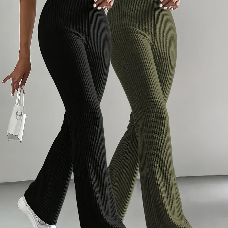 Women’s 2pcs Set Ribbed Simple Striped Casual Solid Color Straight-Leg Wide-Leg Pants.