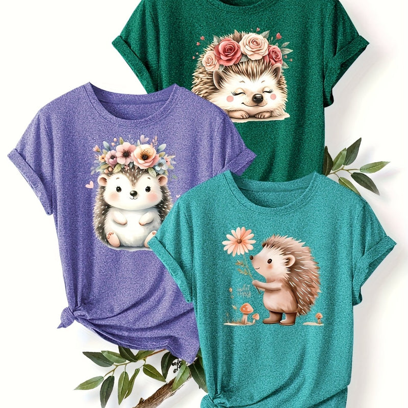3pcs Women's Cute Hedgehog Graphic T-Shirts.