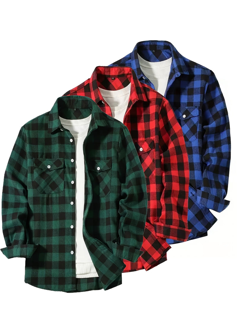 3pcs Men's Plaid Shirt Top with Turn- Collar Long Sleeve Button-Up.