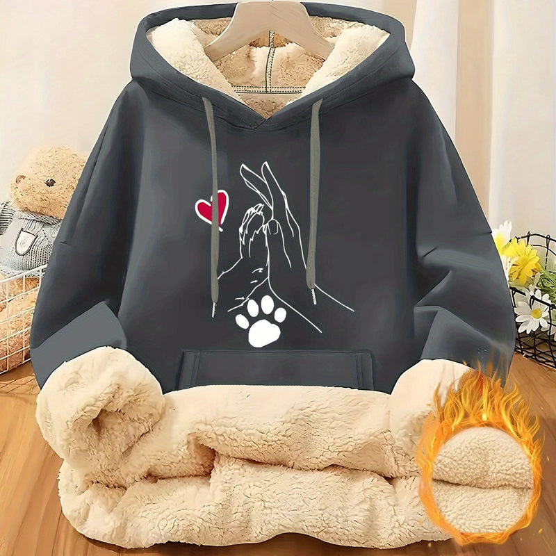 Women's Cozy Fleece-Lined Hoodie with Heart & Paw Print Design.