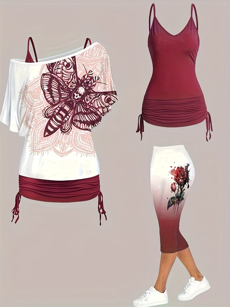 Women’s Off-Shoulder Top with Butterfly Print And Three-Quarter Pants.