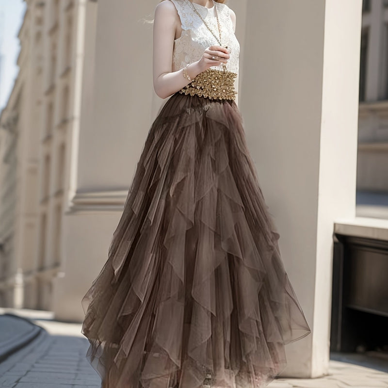 Women’s Irregular High-Waisted A-Line Tulle Skirt, Layered Tulle Skirt.