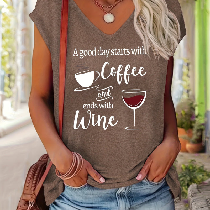 Women’s Comfortable V-Neck Short-Sleeve T-Shirt Features a Print.