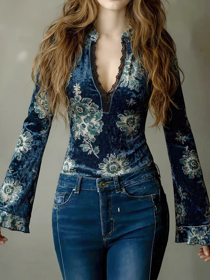 Women's Vintage Blue Floral Velvet Blouse, Lace Bell Sleeve Deep V-Neck Top.