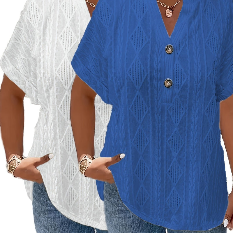 Women's Short-Sleeve V-Neck Solid Color Jacquard Hollow-Out Two-Piece T-Shirt.