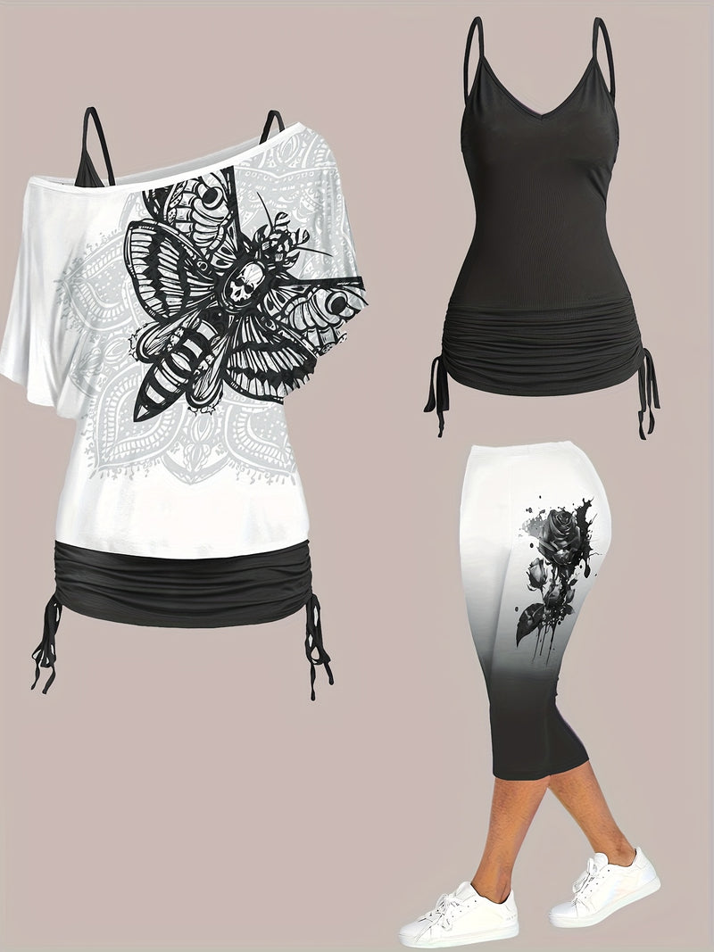 Women’s Off-Shoulder Top with Butterfly Print And Three-Quarter Pants.