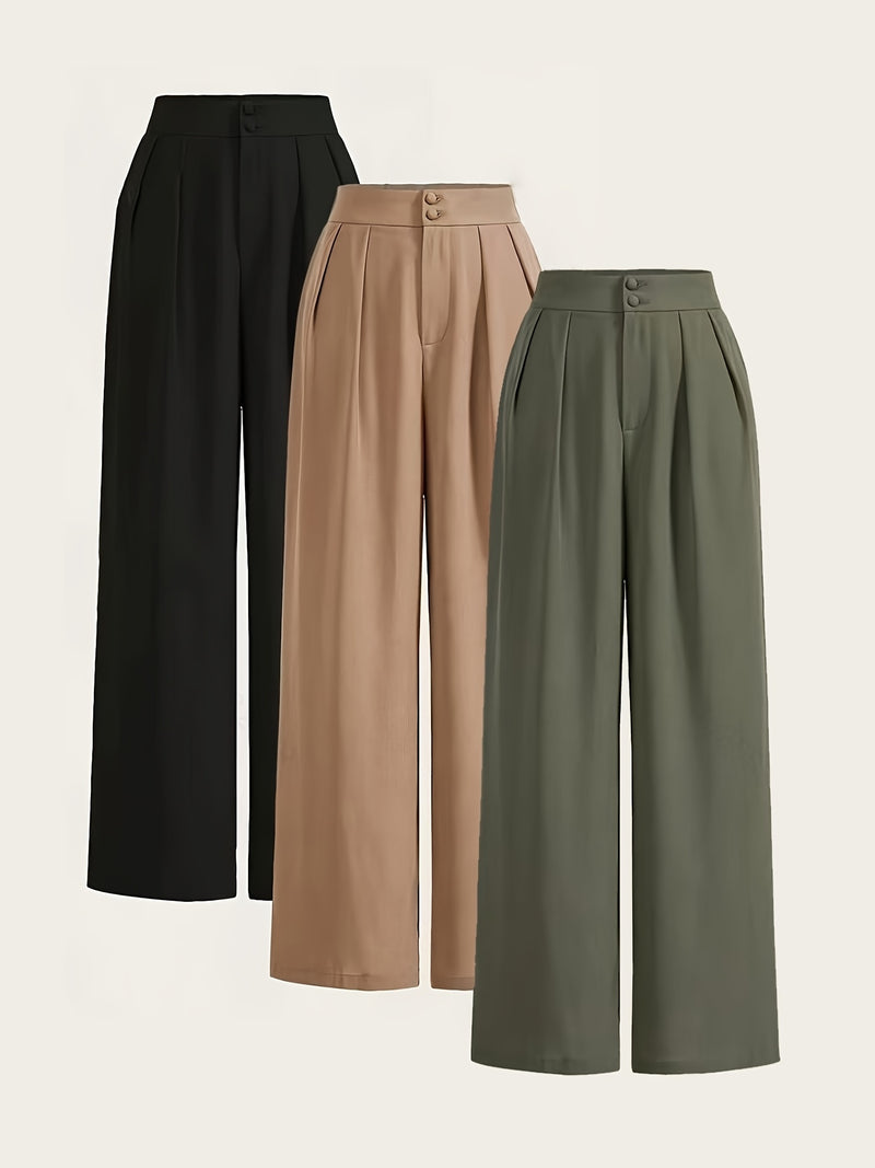 Women’s 3pcs Set Wide-Leg Pants, High-Waist with Double Buttons.